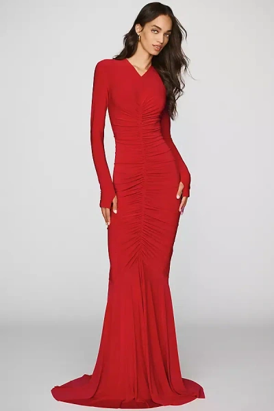 Norma Kamali Long-sleeve Shirred Maxi Dress In Red