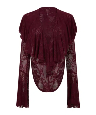 Norma Kamali Long-sleeved Deep V-neck Ruffled Bodysuit In Burgundy