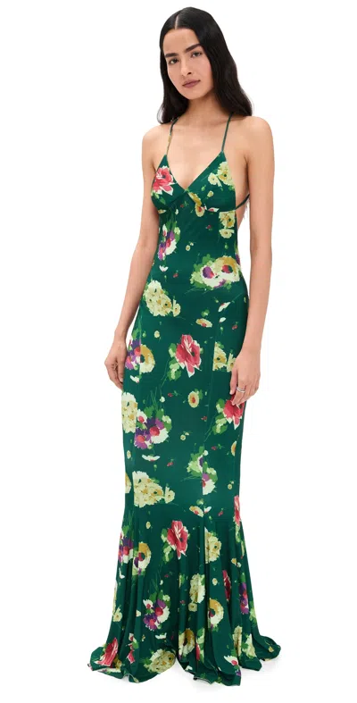 Norma Kamali Low Back Slip Fishtail Gown Floral Green Multi