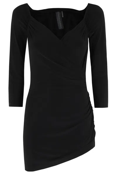 Norma Kamali Ls Off Shoulder Sweetheart Side Drape Pickleball Dress In Black