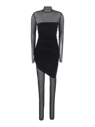 NORMA KAMALI BLACK MINI DRESS WITH ASYMMETRIC HEM AND MESH SLEEVES IN TECH FABRIC WOMAN
