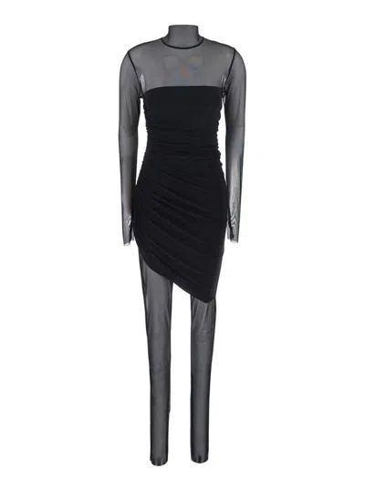 NORMA KAMALI BLACK MINI DRESS WITH ASYMMETRIC HEM AND MESH SLEEVES IN TECH FABRIC WOMAN