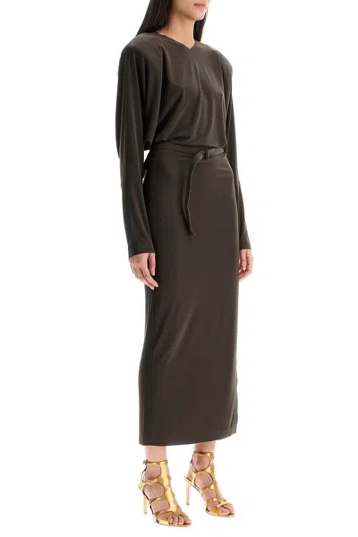 Norma Kamali Midi Slim Long Dress With V Neck And Side Slit In Brown