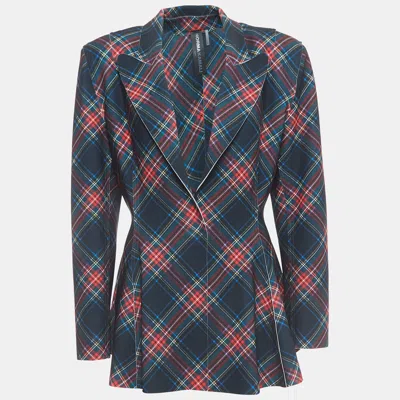 Norma Kamali Multicolor Plaid Jersey Peplum Jacket In Blue