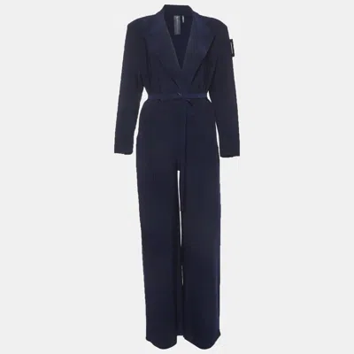 Pre-owned Norma Kamali Navy Blue Stretch Knit Belted Full Sleeve Jumpsuit L