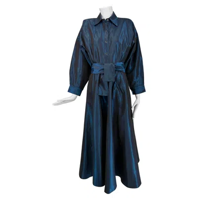 Pre-owned Norma Kamali Norma Kamail Teal Blue Taffeta Big Shoulder Shirtwaist Snap Front Dress 8 1980s In Green