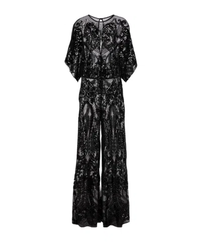Norma Kamali Obie Sequined Semi-sheer Mesh Jumpsuit In Black