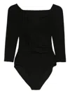Norma Kamali Draped Black Bodysuit Top With Deep V-neckline In Black