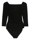 Norma Kamali Draped Black Bodysuit Top With Deep V-neckline In Black