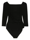Norma Kamali Draped Black Bodysuit Top With Deep V-neckline In Multi