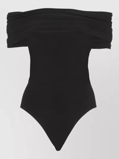 Norma Kamali Off Shoulder Ruched Wide Neckline Bodysuit In Black