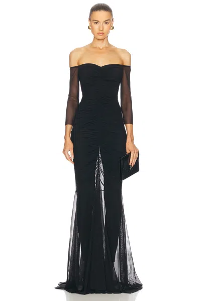Norma Kamali Off Shoulder Shirred Front Fishtail Gown In Black