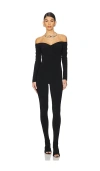 Norma Kamali Off Shoulder Sweetheart Catsuit With Footie In Black