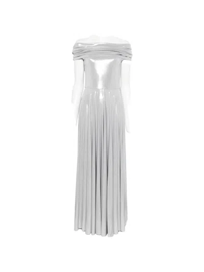 Norma Kamali Off-shoulder Pleated Dress In Metallic