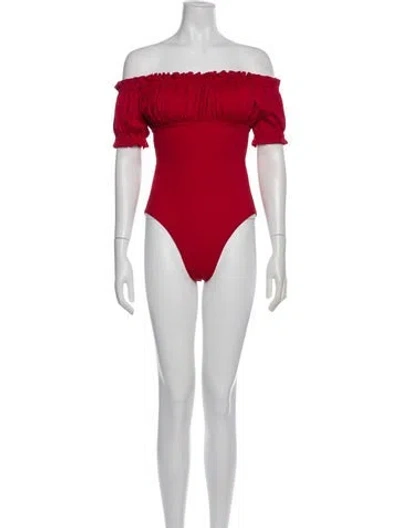 Pre-owned Norma Kamali Off-the-shoulder Short Sleeve Bodysuit In Red