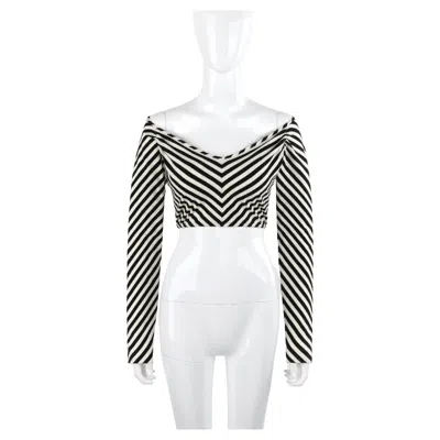 Pre-owned Norma Kamali Omo  C.1980s Black White Striped Cropped Long Sleeve Top