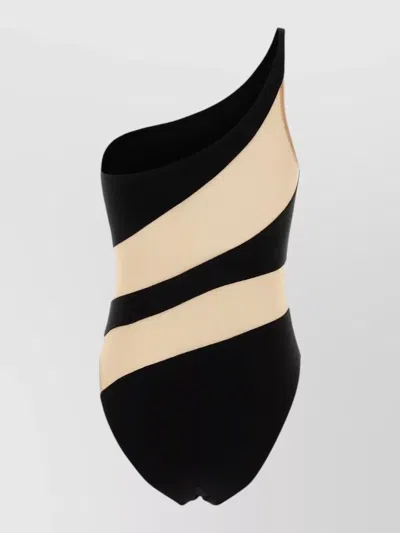 Norma Kamali One Shoulder Cut Out Color Block Bodysuit In Black