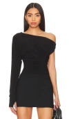 Norma Kamali One Sleeve Drop Shoulder Side Drape Mini Dress In Black