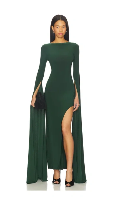 Norma Kamali Open Back Ribbon Sleeve Wide Slit Gown In Green