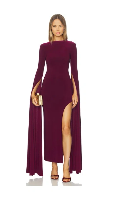 Norma Kamali Open Back Ribbon Sleeve Wide Slit Gown In Burgundy
