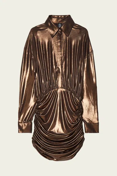 Norma Kamali Oversized Bf Nk Shirt Mini Dress In Metallic Chocolate In Brown