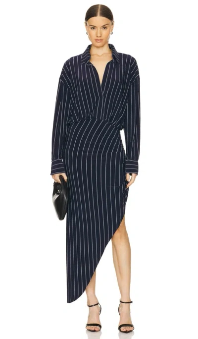 Norma Kamali Oversized Boyfriend Shirt Side Drape Gown In True Navy Pinstripe