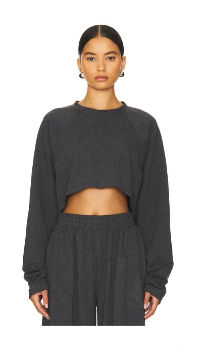 Norma Kamali Oversized Raglan Sleeve Cropped Top In Dark Heather Grey