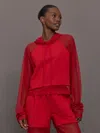 Norma Kamali Oversized Raglan Sleeve Hooded Cropped Top W/ Mesh In Red