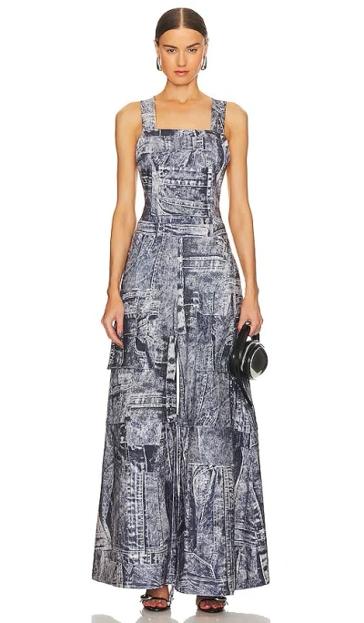 Norma Kamali Oversized Wide Leg Cargo Convertible Dungarees In Black & Navy Denim Print