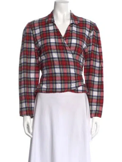 Pre-owned Norma Kamali Plaid Print Long Sleeve Crop Top In Red