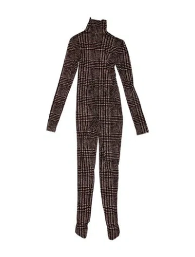 Pre-owned Norma Kamali Plaid Print Mock Neck Romper In Brown