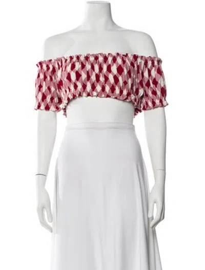 Pre-owned Norma Kamali Plaid Print Off-the-shoulder Crop Top In White