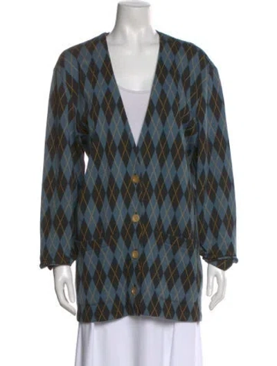 Pre-owned Norma Kamali Plaid Print Plunge Neckline Sweater In Blue
