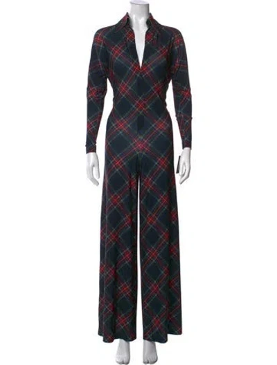 Pre-owned Norma Kamali Plaid Print V-neck Jumpsuit W/ Tags In Red