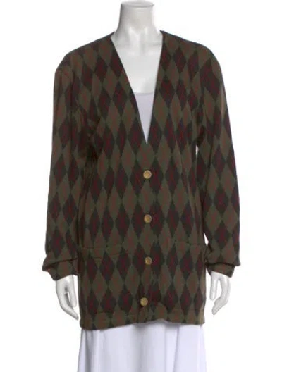 Pre-owned Norma Kamali Plaid Print V-neck Sweater In Green