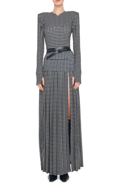 Norma Kamali Pleated Long Skirt With Slit In Large Houndstooth In Gray