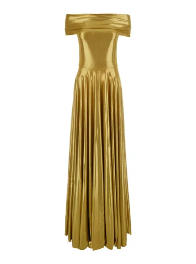 Norma Kamali Pleated Metallic Tech Fabric Dress In Gold