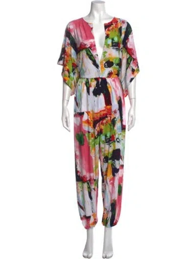Pre-owned Norma Kamali Printed V-neck Jumpsuit In Black