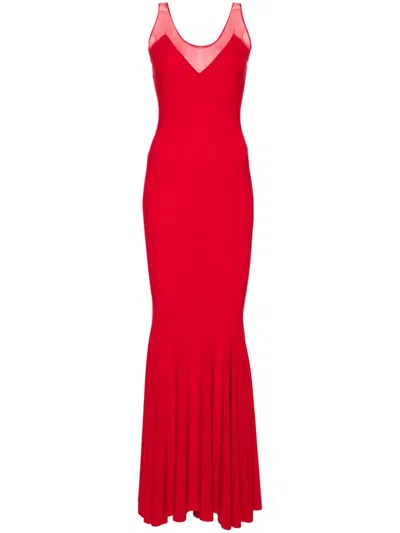 Norma Kamali Red Sleeveless Dress With Draped Neckline And Low Rear