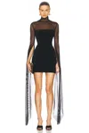Norma Kamali Ribbon Sleeve Turtleneck Mesh Mini Dress In Black