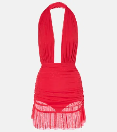Norma Kamali Ruched Halterneck Minidress In Red