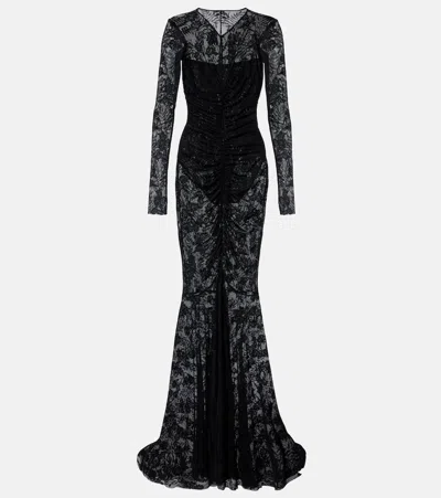 Norma Kamali Ruched Lace Gown In Black