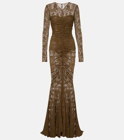 Norma Kamali Ruched Lace Gown In Green