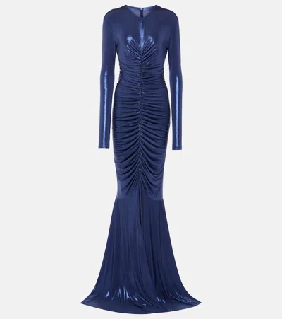 Norma Kamali Ruched Lamé Gown In Blue