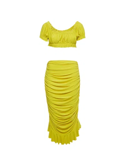 Pre-owned Norma Kamali Ruched Off-shoulder Skirt Set (set Of Two) In Yellow