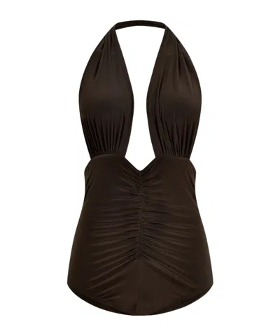 Norma Kamali Ruched Strapless Bodysuit In Espresso