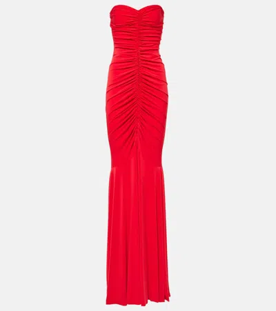 Norma Kamali Ruched Strapless Gown In Red