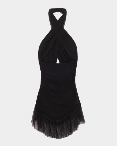 Norma Kamali Ruffle Halter Mini Swimdress In Black