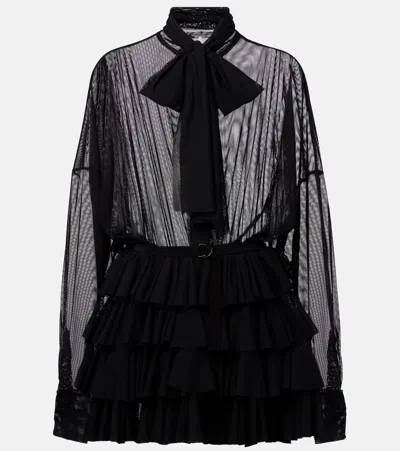 Norma Kamali Sheer Tulle Short Dress With Bow Tie Neck In Black