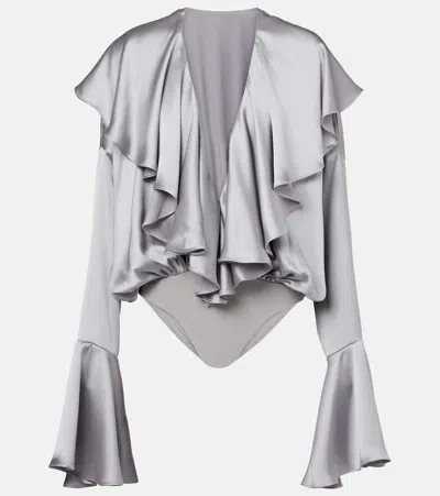 Norma Kamali Ruffled Satin Bodysuit In Silver